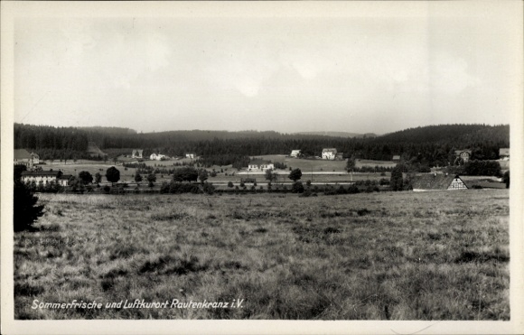 Ak Rautenkranz in het Vogtland, landschap met huizen, weide, bos op de achtergrond, wolken