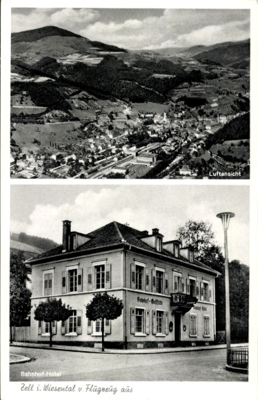 Postcard Zell im Wiesental, aerial photograph, station hotel