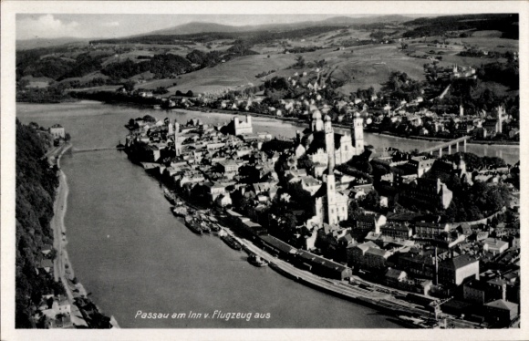 Postcard Passau in Lower Bavaria, aerial photograph