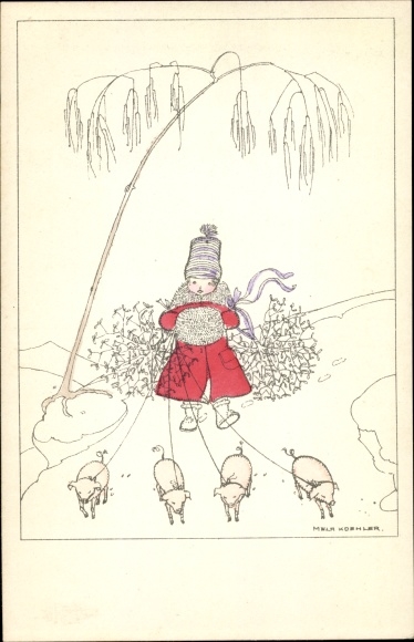 Artist PC Köhler, Mela, Happy New Year, girl with pigs, mistletoe