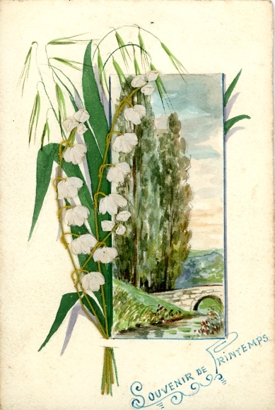 Material Ak Weiße Blumen, Bäume, Brücke, Fluss