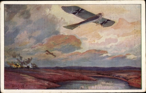 Artist Postcard Schulze, Hans Rudolf, Military pigeon on reconnaissance flight near the Masurian Lakes, World War I