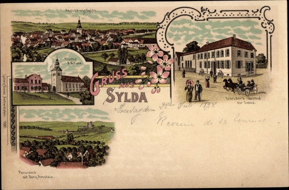 litho Sylda Arnstein in de zuidelijke Harz, algemeen beeld, kerk, school, Gasthof zur Sonne, kasteel Arnstein