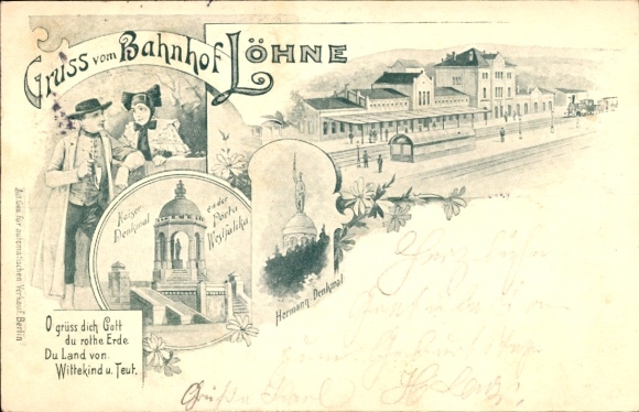 Litho Löhne Nordrhein Westfalen, Bahnhof, Dampflok, Hermannsdenkmal, Kaiser Denkmal, Mann u. Frau