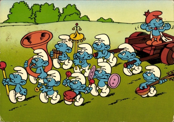 Postcard The Smurfs, marching band, tuba, pan flute