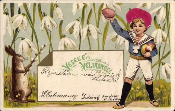 Embossed Chromo-Litho Congratulations Easter, Easter Bunny, Easter Eggs, Child, Snowbells, Pussy Willow