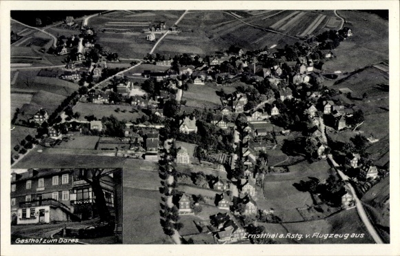 Ak Ernstthal am Rennsteig Lauscha in Thüringen, Fliegeraufnahme, Gasthof zum Dores
