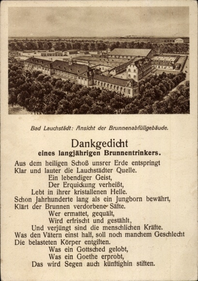 Gedicht Ak Bad Lauchstädt Saalekreis, uitzicht op de goed gevulde gebouwen, dankgedicht