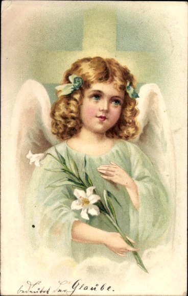 Postcard Schönau am Königssee near Berchtesgaden Upper Bavaria, angel with cross and lilies.
