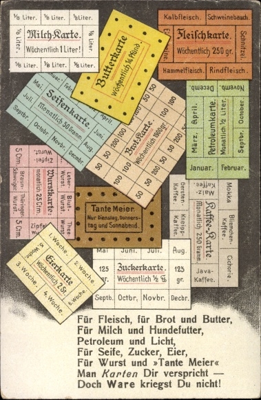 Postcard milk menu, butter menu, meat menu, soap menu, egg menu, sausage menu, I. WK