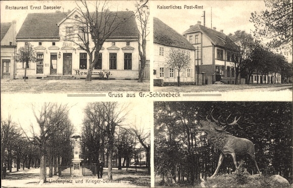Postcard Groß Schönebeck Schorfheide, Restaurant Ernst Daeseler, post office, Lindenplatz, war memorial, deer