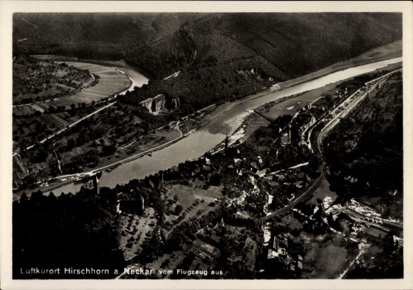 Ak Hirschhorn am Neckar Hessen, Luftaufnahme von Hirschhorn, Neckar, vom Flugzeug, Flusslandschaf