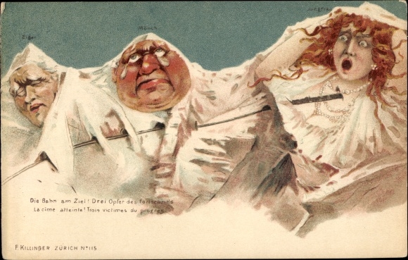 Chromo-Litho Bern Canton Switzerland, Eiger, Mönch, Jungfrau, Cog Railway, Three Victims of Progress