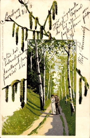 Artist Chromo-Litho Mailick, Couple in a birch avenue