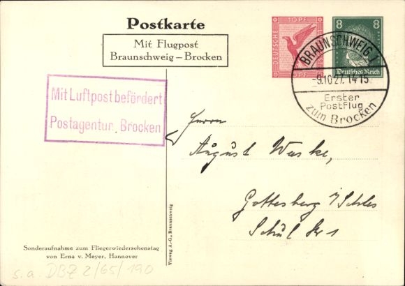 Postwaardestuk Ak PP 92 C 1 01, speciale annulering eerste postvlucht naar de Brocken