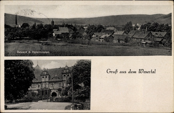 Ak Bevern Landkreis Holzminden Niedersachsen, Gesamtansicht des Ortes, Schloss