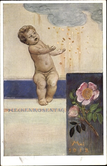 Postal stationery artist PC Kaulbach, Friedrich August, Munich, Heckenrosentag May 1912, small child