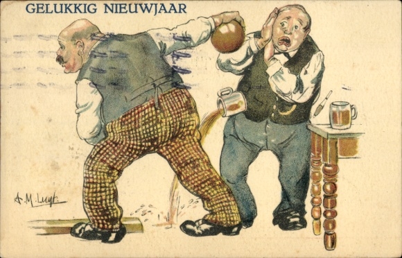 Künstler Ak Glückwunsch Neujahr, Männer spielen Bowling, Bierkrug