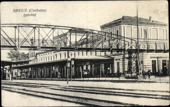 Postcard Krzyż Wielkopolski Cross on the Poznan Eastern Railway, train station, track side