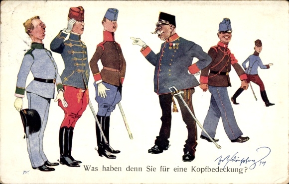 Künstler Ak Schönpflug, Fritz, Was haben denn Sie für eine Kopfbedeckung?