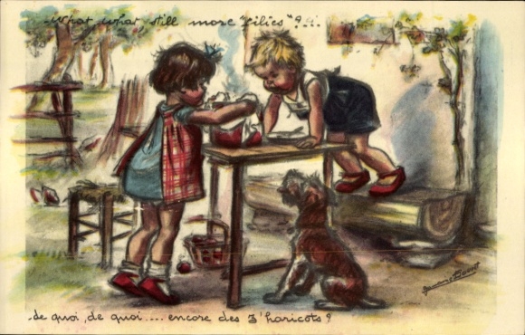 Artist Postcard Bouret, Germaine, children with a pot, dog
