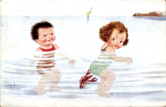 Artist Postcard Wills, John, Bathing Children, Lobster