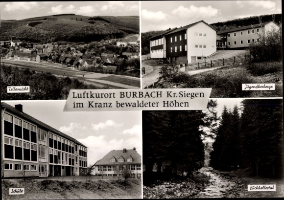 Postcard Burbach im Siegerland, partial view, youth hostel, Buchhellertal, school