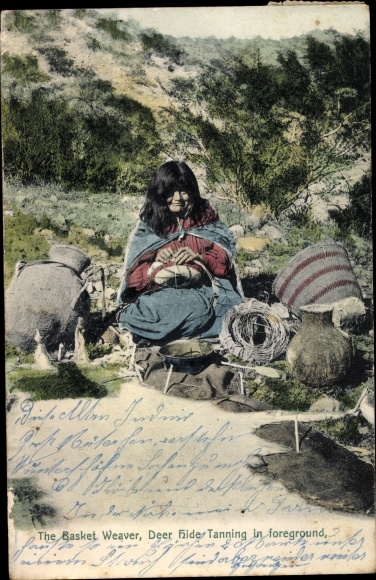 Postcard The Basket Weaver, Deer Hide tanning in foreground