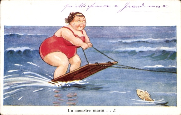 Artist Postcard Wills, John, Renesse Zeeland, fat woman in swimsuit, water skis, fish