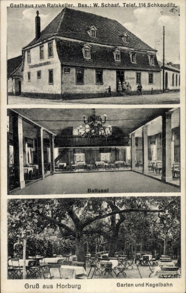 Ak Schkeuditz in Sachsen, Gasthaus zum Ratskeller, Ballsaal, Garten und Kegelbahn