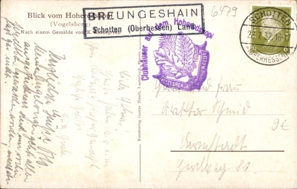 Artist Postcard Lindegreen, K., Schotten Vogelsbergkreis, view from Hoherodskopf