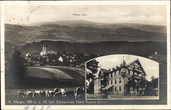 Postcard Sankt Märgen in the Black Forest, Panorama, Hotel Pension Krone, Feldberg