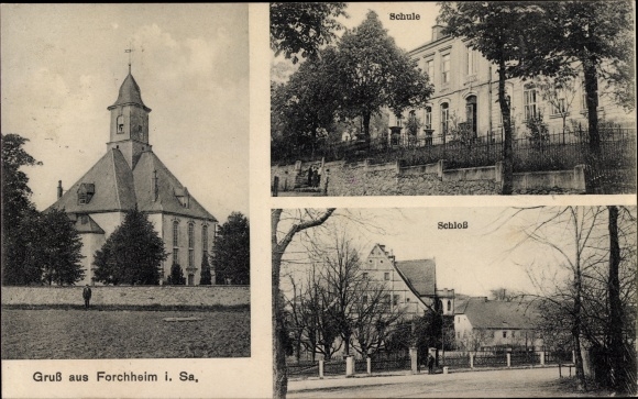 Ak Forchheim Pockau im Erzgebirge, Kirche, Schule, Schloss