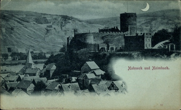 Moonlight Postcard Niederheimbach am Rhein, Heimburg, Hohneck Castle
