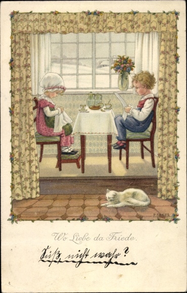 Artist PC Ebner, Pauli, where love there peace, children read the newspaper and knit at the table, cat