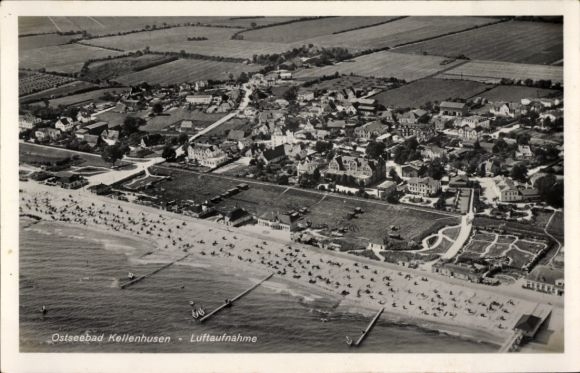 Postcard Ostseebad Kellenhusen in Holstein, aerial view, Baltic Sea beach with many lidos