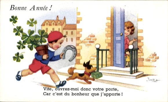 Artist Postcard Patt, Jim, Happy New Year, boy with horseshoe and clover, dog with gift