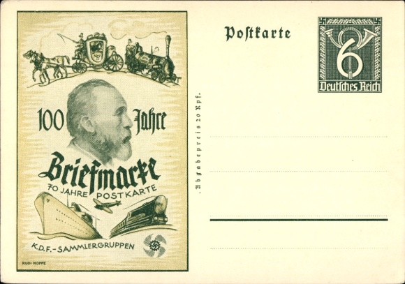 Postwaardestuk Ak 100 jaar postzegel, 70 jaar ansichtkaart, Dr. Heinrich von Stephan, KdF-verzamelaarsgroepen