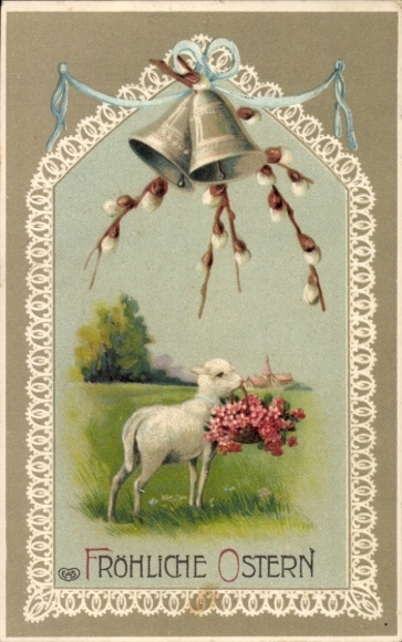 Ak Glückwunsch Ostern, Osterglocken, Lamm mit Blumenkorb, Weidenkätzchen