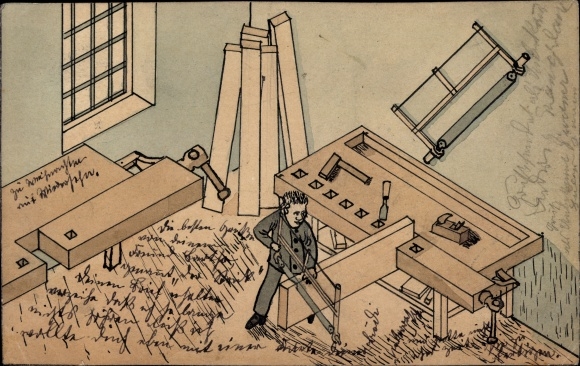 Postcard carpenter in workshop, tools, table