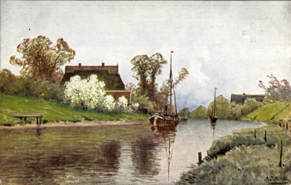 Künstler Ak Flusspartie, Ruderboote, Wohnhaus
