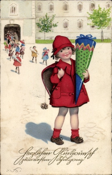 Ak Gefeliciteerd terug op school, meisje met snoephoorntje