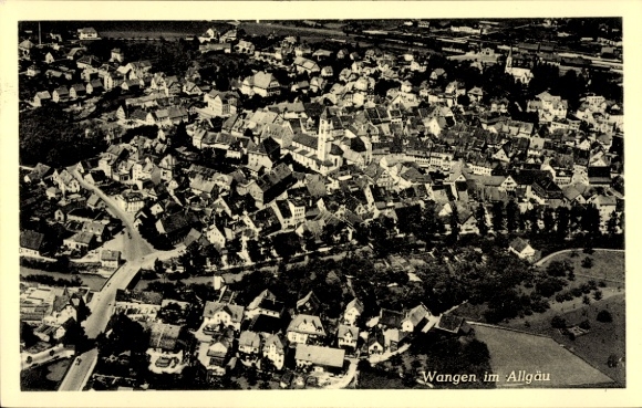 Postcard Wangen im Allgäu, aerial view of Wangen, numerous houses, church visible