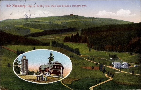 Postcard Wildenthal Eibenstock in the Ore Mountains, Auersberg, observation tower and lodging house, valley