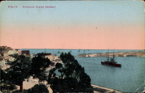 Postcard Malta, Grand Harbour, harbor entrance