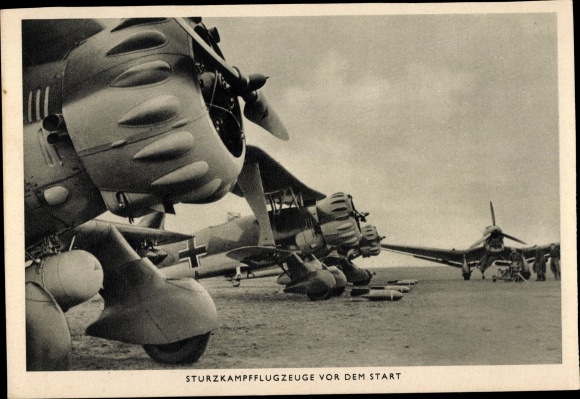 Postcard Deutsche Luftwaffe, dive bombers before take-off, Stuka, Junkers Ju 87 B, Henschel Hs 123