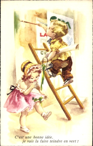 Postcard children, boy on the ladder, poster advertising, adhesive
