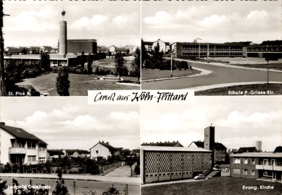 Ak Flittard Mülheim Köln am Rhein, Schule, Evangelische Kirche, Sankt Pius X, Straßenansicht