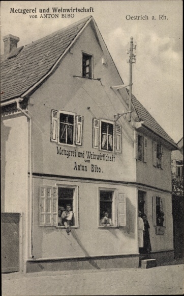 Ak Oestrich Winkel am Rhein Rheingau, Metzgerei und Weinwirtschaft