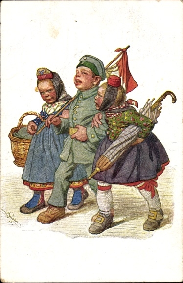 Artist PC Beithan, Emil, girl in Hessian traditional costumes, boy as a soldier, WWI